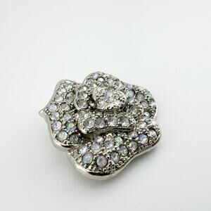 Vintage Silver Rose Brooch Aurora‎ Borealis Rhinestone Flower Pin